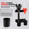 imageOil Dual Funnel Holder Storage Rack Includes 2 Plastic Removable Drip Cups Wall Mount Fluid Drain Funnel Kit Organizer Bracket for Enclosed Race Trailers Automotive Garage Shop Black