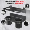 imageOil Dual Funnel Holder Storage Rack Includes 2 Plastic Removable Drip Cups Wall Mount Fluid Drain Funnel Kit Organizer Bracket for Enclosed Race Trailers Automotive Garage Shop Black