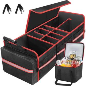 image95L Car Trunk Organizer with Removable Cooler Bag Collapsible Trunk Storage Organizer with Removable Lid  Multi Compartment Waterproof Storage Organization Fits Most Car Truck RedRed