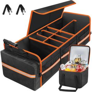 image95L Car Trunk Organizer with Removable Cooler Bag Collapsible Trunk Storage Organizer with Removable Lid  Multi Compartment Waterproof Storage Organization Fits Most Car Truck RedOrange