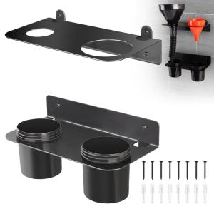 imageOil Dual Funnel Holder Storage Rack Includes 2 Plastic Removable Drip Cups Wall Mount Fluid Drain Funnel Kit Organizer Bracket for Enclosed Race Trailers Automotive Garage Shop Black